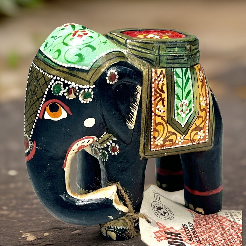 Hand Painted‎ Wood India Elephant Sculpture Statue Shekhawati Style World Market